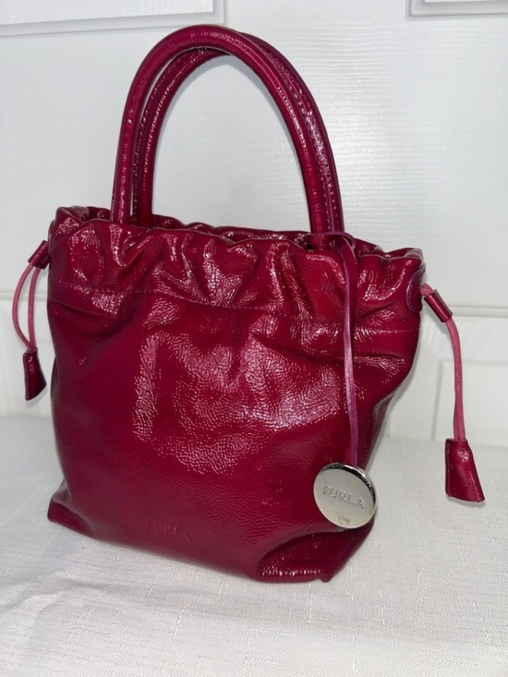 Furla Glossy Red Patent Leather Drawstring Mini Tote